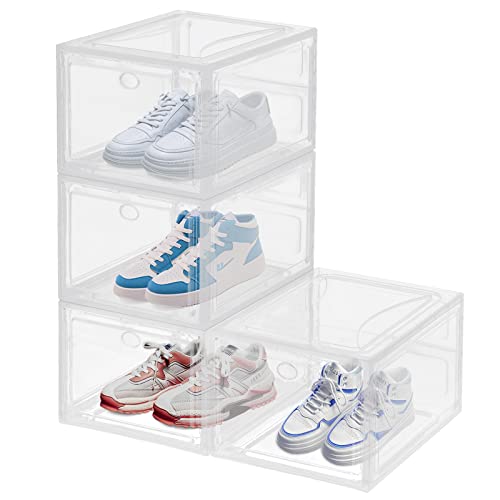 KEESIN 4 Pack Shoe Box Transparent Stackable Plastic Drop Shoe Storage Box with Magnetic Lids Vent Opening Hole,for Women/Men (36x27.5x21CM, Tran