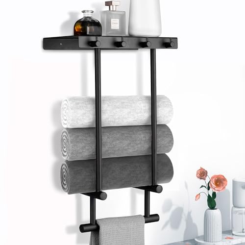 romise Towel Racks for Bathroom, Towel Holder Organizer with Black Metal Shelf and 4 Towel Hooks, Bath Wall Mounted Towel Hanger Storage, Wall Sh