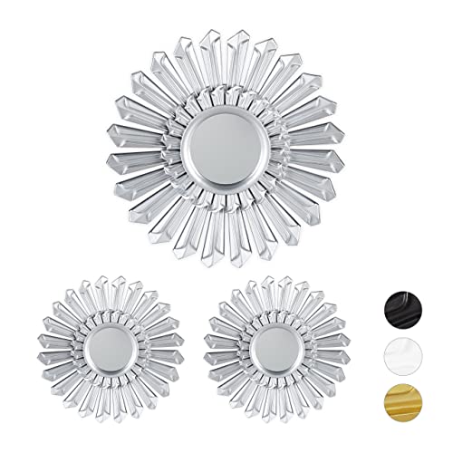 Relaxdays Sunburst Decor Mirror, Set of 3, Round Hanging Mirror, Plastic Frame, Ø 25 cm, Silver, 10025715_55