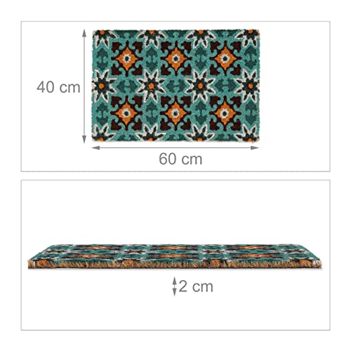 Relaxdays Coir Doormat, Tile Print, Oriental, 40 x 60 cm, Non-Slip Mat, Weatherproof, Indoors & Outdoors, Multicoloured, Coco, Plastic