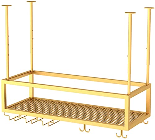EMISOO Hanging Ceiling Shelf Hanging Wine Rack, Metal Ceiling Bottle Rack, Adjustable Height Black/Gold Display Wine Storage Holder with Stemware