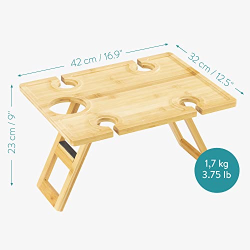 Navaris Portable Wine Picnic Table - Foldable Table with Bottle and Glass Holder - Small Bamboo Outdoor Beach Tray for Adults - Holds 4 Wine Glas