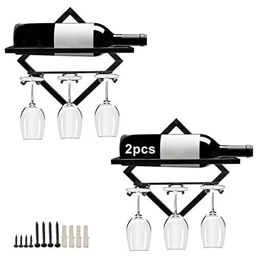 Metal Wall Mounted Wine Holder, Upgrade Foldable Hanging Wall Wine Rack Organizer for 2 Liquor Bottles, Red Wine Bottle Display Hanger with Screw