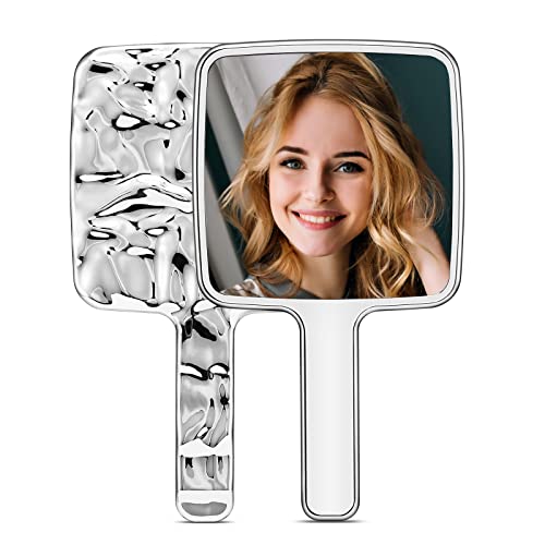 MIRRORNOVA Handheld Mirror, Water Ripples Hand Mirror with Handle for Make up, Square, Silver, Medium