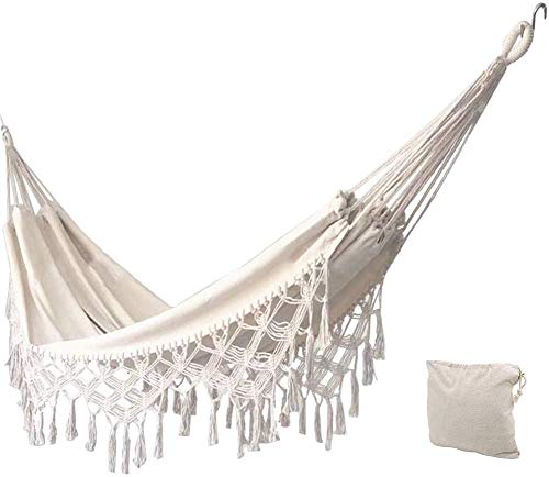 Outdoor Garden Hammock Double Beach Vacation Camping Climbing Traveling Hiking Picnic Outdoor Recreation suitable for 2 adults(White Cotton Canva