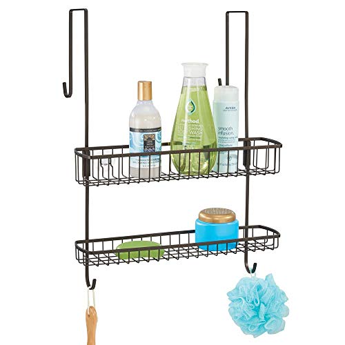 mDesign Wide Over Shower Door Bathroom Tub & Shower Caddy, Hanging Storage Organiser Center - Built-in Hooks, Baskets on 2 Levels for Bathroom Sh