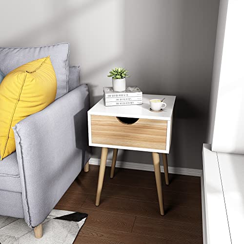 Mondeer Bedside Table with 1 Drawer Side Cabinet Storage Cabinet Scandinavian Style for Bedroom Living Room 40D x 40W x 56H cm, White + Oak