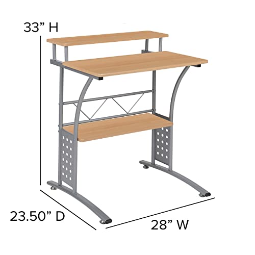 Flash Furniture Computer Desk with Top and Lower Storage Shelves, Metal, Maple, Set of 1