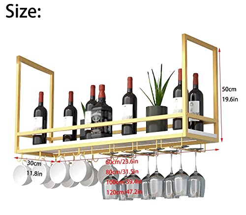 EYLINK Hanging Wine Rack with Glass Holder and Shelf, Industrial Vintage Bar Floating Shelf with Guardrail, Ceiling Mounted Hanging Wine Bottle H