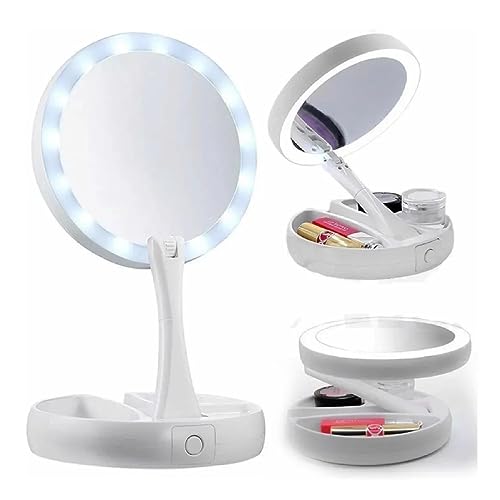 Cosmetic Mirror with LED Light and Organizer Makeup Mirror with Double Sided and 10X Magnification Mirror for Lighted Makeup, Shaving and Persona