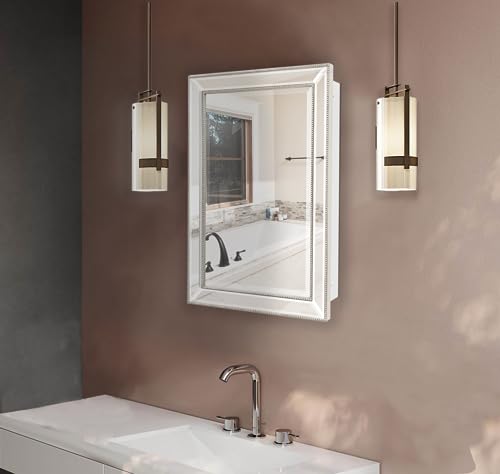 FOMAYKO Metro Beaded Retro Medicine Cabinet, Recess Mount 3 Adjustable Glass Shelves,Silver Frame, Installation Freedom with Door Swinging Left o