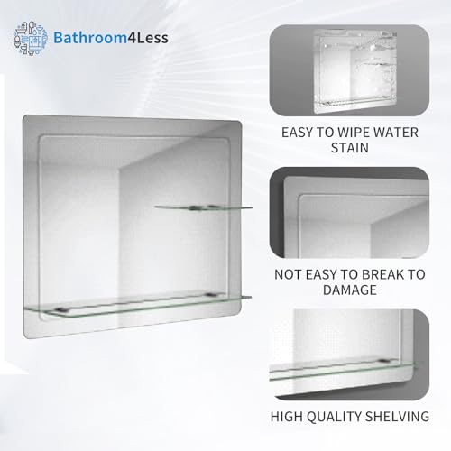 iBathUK Bathroom Mirror with Shelf, 800 x 600mm Wall Mounted Vanity Mirror with Double Storage Frameless Mirror, Bathroom Room Hanging Mirror