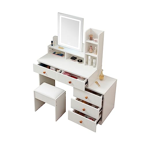 Makeup Vanity Desk with Large Lighted Mirror LED Strip, 3 Color Lighting Modes with Adjustable Brightness and 5 Level Storage Dresser, 5 Drawer V