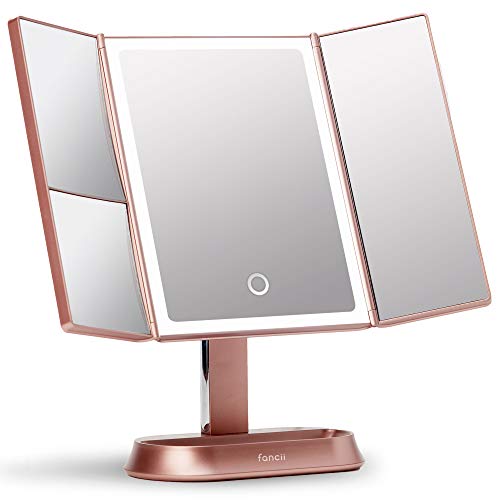 Fancii Large Makeup Mirror with Natural LED Lights, Lighted Trifold Vanity Mirror with 5x & 7x Magnifications - Dimmable Lights, Touch Screen, Co