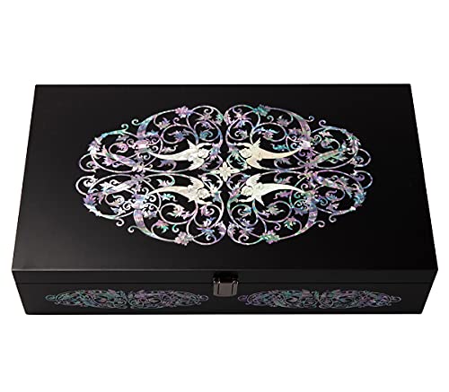 Mother of Pearl Crane Bird and Pine Tree Design Purple Wooden Jewellery Drawer Mirror Trinket Keepsake Treasure Gift Asian Lacquer Box Case Chest