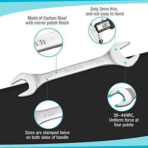 DURATECH Double Open End Spanner Set, Super-Thin Open Ended Wrench Flat Spanner Set for Narrow Space, Carbon Steel, Mirror-Chrome Plated, 8-Piece