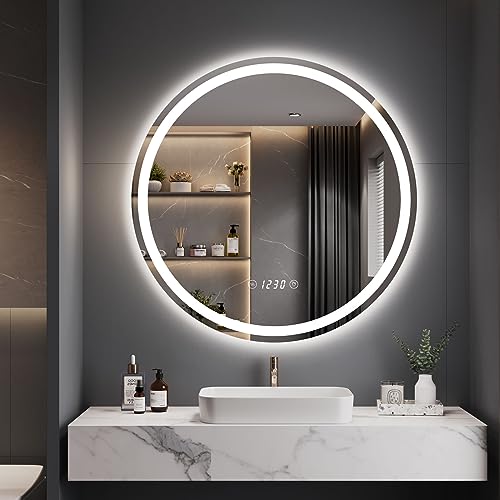 Dripex 600mm Round Bathroom Mirror with LED Light, Illuminated Wall Mounted Vanity Mirror with Demister, Anti-fog Large Circle Makeup Mirror, 3-C