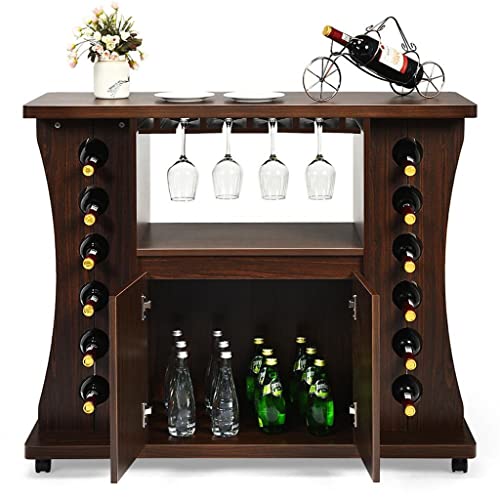 DSHGDJF Rolling Buffet Sideboard Wooden Bar Storage Cabinet W/Wine Rack & Glass Holder