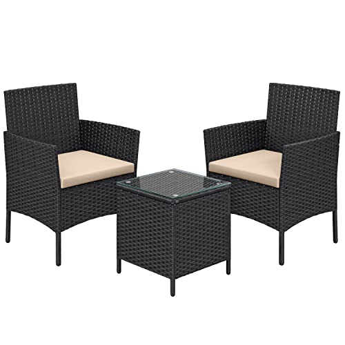 SONGMICS Garden Furniture Sets, Polyrattan Outdoor Patio Furniture, Conservatory PE Wicker Furniture, for Patio Balcony Backyard, Black and Taupe