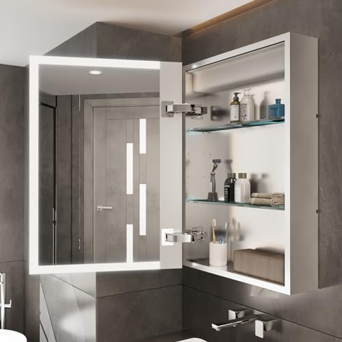 LUVODI Bathroom Mirror Cabinet with Lights: 500x700mm Illuminated LED Mirror Medicine Cabinet with Front + Inside Light Defogger, 3 Dimmable Colo