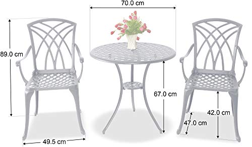Homeology OSHOWA Grey Aluminium Weatherproof Outdoor Table and 2 Comfortable Chairs with Armrests Bistro Set with Green Cushions