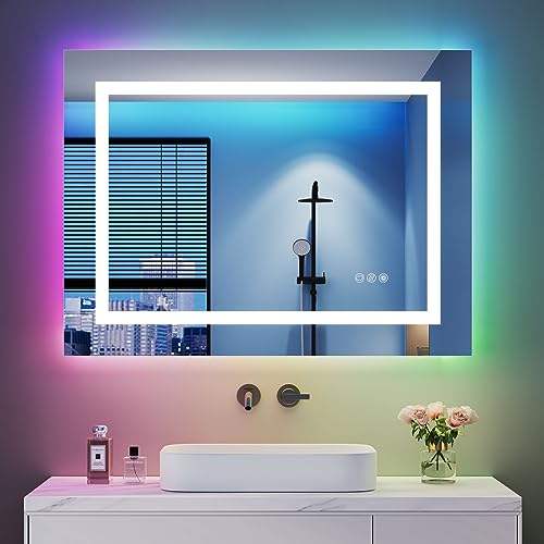 Dripex Bathroom Mirror with LED Lights, 500 * 700 MM Illuminated Backlit Wall Mounted Vanity Mirror Dimmable Switch 3 Colors and Demister Pad, Ho