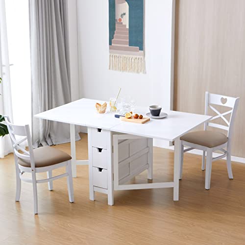 Livinia Wings Gate-Leg Wooden Dining Table, Solid Hardwood Expandable Drop Leaf Space Saving Kitchen Table with Drawers Fully Assembled(White)