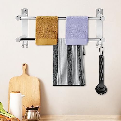 Stainless Steel Towel Shelf, Towel Rail Wall Mounted 38-70cm, Self Adhesive Double Towel Rail, Bath Towel Rail Self Adhesive with 2 Hooks for Bat