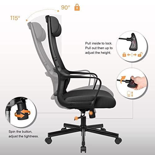 MELOKEA Office Chair, Ergonomic Desk Chair C-Curved Lumbar Support Adjustable Headrest, Mesh High Back Computer Chair for Home Office, Comfortabl