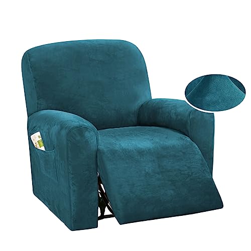 DSECHCRSL Velvet Recliner Chair Cover with Side Pocket, 4 Piece Non Slip Reclining Chair Cover, 1 Seat Stretch Recliner Cover Form Fitted Thick S