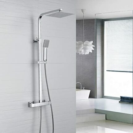 Thermostatic Mixer Shower Set, NewEast Square Chrome Bathroom Thermostat Shower System with Adjustable 8" Overhead Rainfall Shower Head and Handh