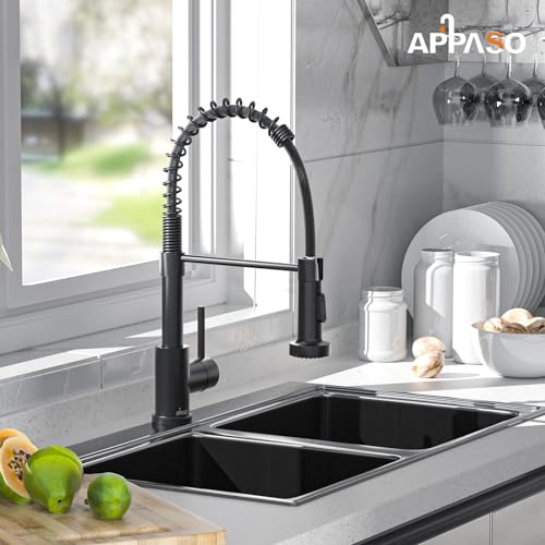 Kitchen Tap Black, APPASO Kitchen Taps with Pull Out Spray 360° Swivel, Kitchen Sink Taps with 2 Spray Modes, Single Lever Kitchen Mixer Taps Sta