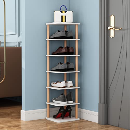 LUCKNOCK 7 Tiers Vertical Shoe Rack, Narrow Shoe Organizer, Stylish Wooden Shoe Storage Stand, Space Saving Shoe Shelf, Shoe Tower, Free Standing