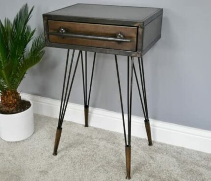 Metal Bedside Table Industrial Side Cabinet Unit Vintage Retro Style Nightstand Rustic Storage Drawer Hairpin Leg Furniture Plant Lamp Stand, Gol
