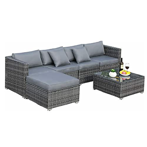 DLOETT 6PCS Rattan Garden Corner Sofa Set Outdoor Garden Furniture Set Patio Sofa Set with Glass Coffee Table Cushions Pillows