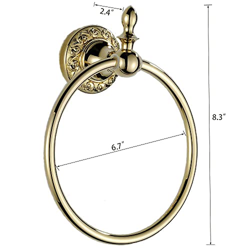 Leyden Polished Gold Towel Ring, Bathroom Hand Towel Holder Wall Mounted Gold Towel Rack Round
