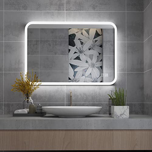MIQU 600 x 500 mm Illuminated Bathroom Mirror,Bathroom Mirror with Led lights,Light Touch Sensor and Demister Anti-Fog Horizontal/Vertical Wall M