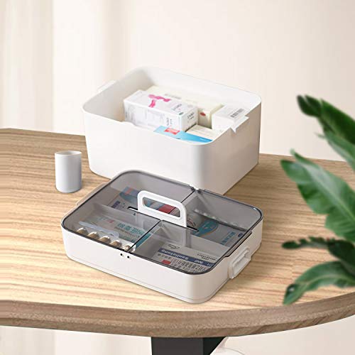 Medical Box Storage Box, First Aid Box, Portable Medicine Container Box, Medicine Tin with Double Layer and 4 Compartments, Home Office Car Schoo