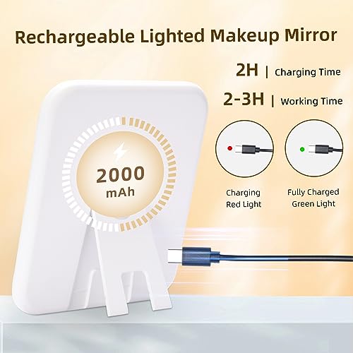 Large Travel Makeup Mirror with Lights, Lighted Makeup Mirror with 360° Angle, Dimmable 3 Color Modes Rechargeable 2000mAh Battery Portable Ultra