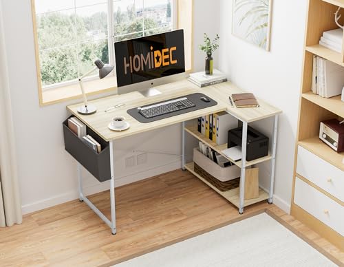 HOMIDEC L Shaped Desk 100CM Computer Desk Study Office Desk Gaming Desk Writing Table With Bookshelf Reversible Corner Desk For Home Office Studi