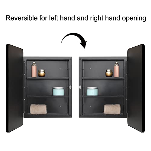 Fundin Plastic Mirror Cabinet, Beveled Edge Mirror Door with Round Corner Metal Frame, Recessed and Surface Mount, Black,40 X 61 CM