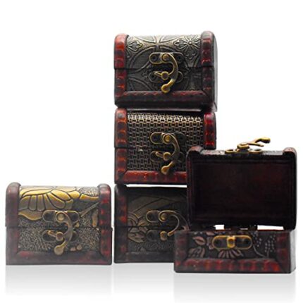 Forreen Treasure Chest Small, 5 Pieces Wooden Chest with Lid Vintage Pirate Antique Design Multifunctional Jewellery Box for Girls Ladies Women H