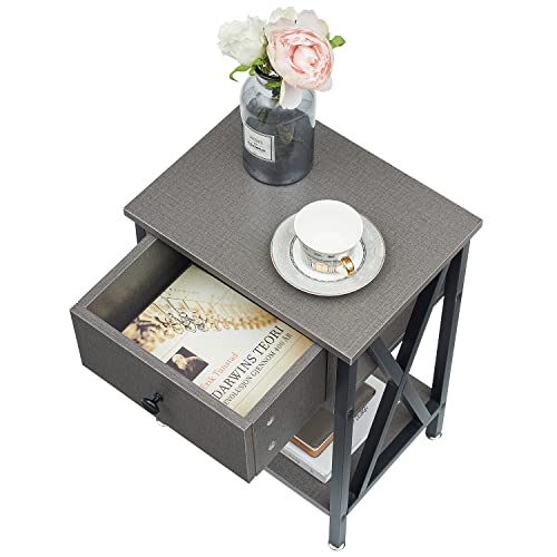 VECELO Vintage Nightstand, End Side Table with Drawer and Shelf, Home Decoration for Living Room Bedroom, X-Shape Legs and Water-Proof Surface, H