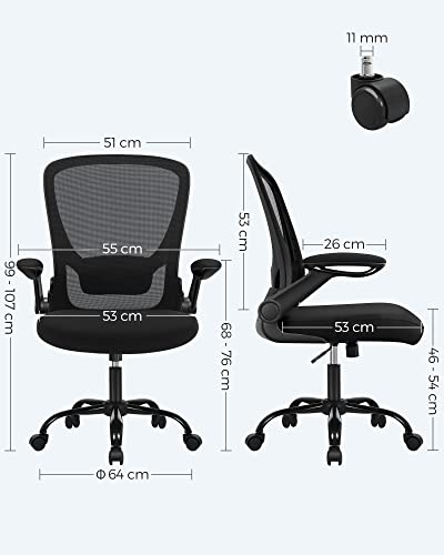 SONGMICS Office Chair with Folding Armrest, Desk Mesh Chair, Ergonomic Computer Chair, 360° Swivel Chair, Adjustable Lumbar Support, Space-Saving