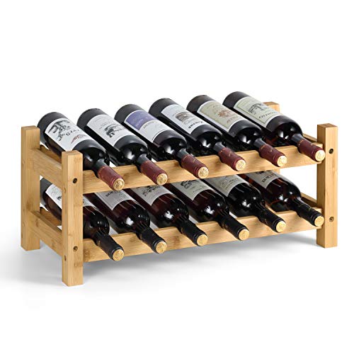 HYNAWIN 2 Tiers Bamboo Wine Rack Free Standing Wine Display Stand Wine Storage Rack Shelf Wine Bottle Holder for Home Living Room Kitchen Bar, 12