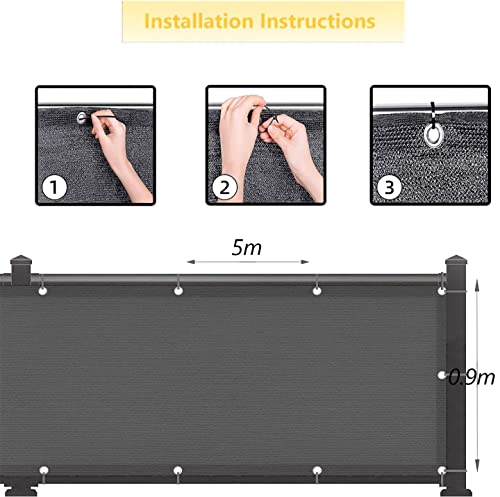 KAHEIGN Balcony Privacy Screen, 0.9m x 5m Patio Privacy Protective Screens 200g/m² HDPE 95% UV Block Porch Privacy Fence Cover for Backyard Deck