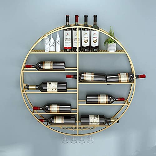 EMISOO Round Wine Racks Wall Mounted Wine Bottle and Glass Holder Metal Goblet Stemware Racks Home Bar Floating Display Shelves, Gold (Size : Dia