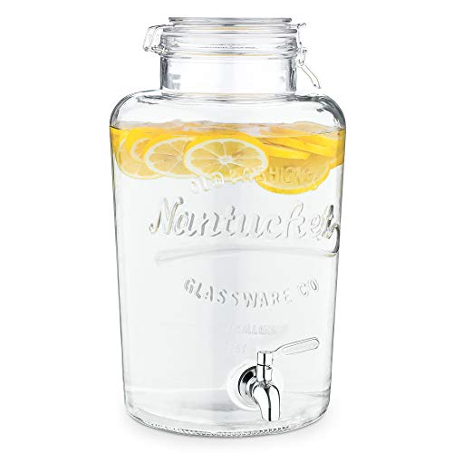 Navaris Drinks Dispenser with Tap - 8L Glass Drink Jar with Stainless Steel Tap and Clip Top Lid - for Cold Beverages, Ice Water, Garden Party