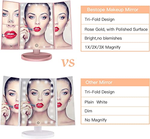 ESTOPE PRO Lighted Makeup Mirror 2X/3X Magnification Vanity Mirror Tri-fold Make up Mirror Table Mirror Pink