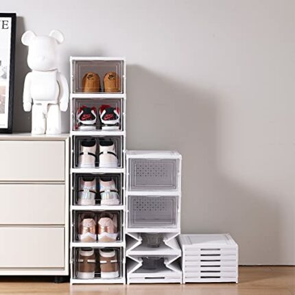XIYAO Foldable Shoe Storage 6 Tier Front Opening Shoe Organizer-Clear Sturdy Plastic Shoe Storage Box Assembly-Free Foldable Shoe Rack,Plastic Sh